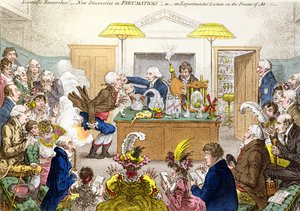 Wissenschaftliche Forschungen! Neue Entdeckungen in der Pneumatik! oder Eine experimentelle Vorlesung über die Kräfte der Luft, Karikatur einer Vorlesung an der Royal Institution, die die Wirkung von Lachgas demonstriert